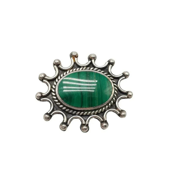 Vintage Taxco Mexican 925 Sterling Silver SUN Malachite Brooch Pin 19.92 Grams - Picture 1 of 6